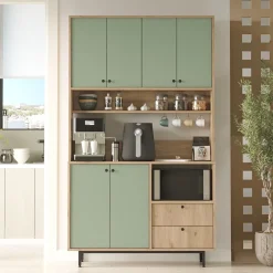 Credenza Verde Marrone Rovere 2 Cassetti 4 Ripiani 120x36x205h cm, Apertura Battente, Scorrevole - Pianella