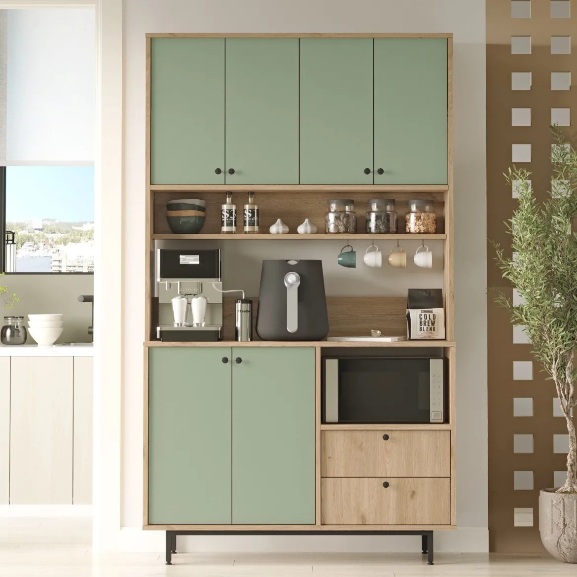 Credenza Verde Marrone Rovere 2 Cassetti 4 Ripiani 120x36x205h cm, Apertura Battente, Scorrevole - Pianella