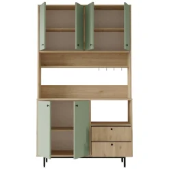 Credenza Verde Marrone Rovere 2 Cassetti 4 Ripiani 120x36x205h cm, Apertura Battente, Scorrevole - Pianella