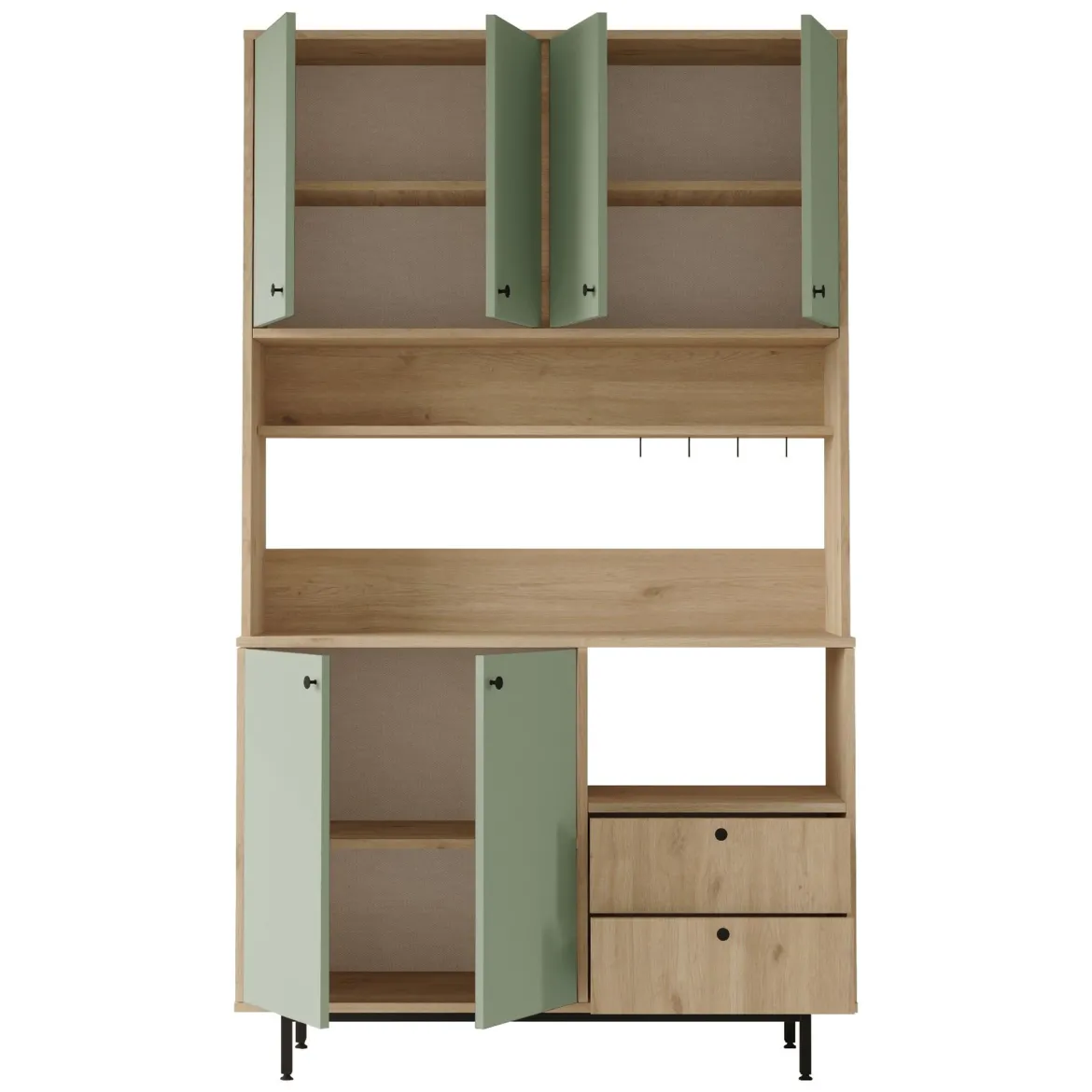 Credenza Verde Marrone Rovere 2 Cassetti 4 Ripiani 120x36x205h cm, Apertura Battente, Scorrevole - Pianella