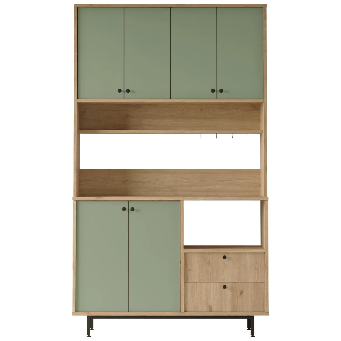 Credenza Verde Marrone Rovere 2 Cassetti 4 Ripiani 120x36x205h cm, Apertura Battente, Scorrevole - Pianella