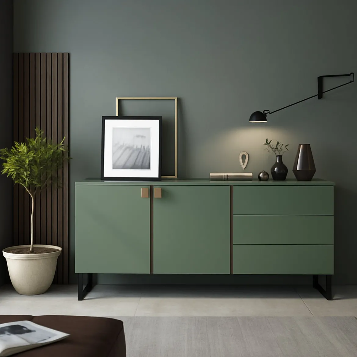 Credenza Verde Marrone Rovere 3 Ripiani 6 Vani 184x40x86h cm, 3 Ante - Carvico