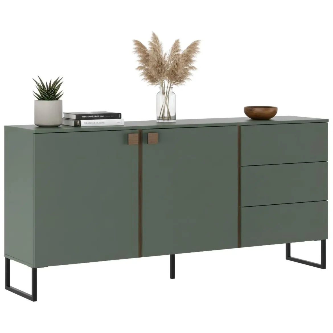 Credenza Verde Marrone Rovere 3 Ripiani 6 Vani 184x40x86h cm, 3 Ante - Carvico