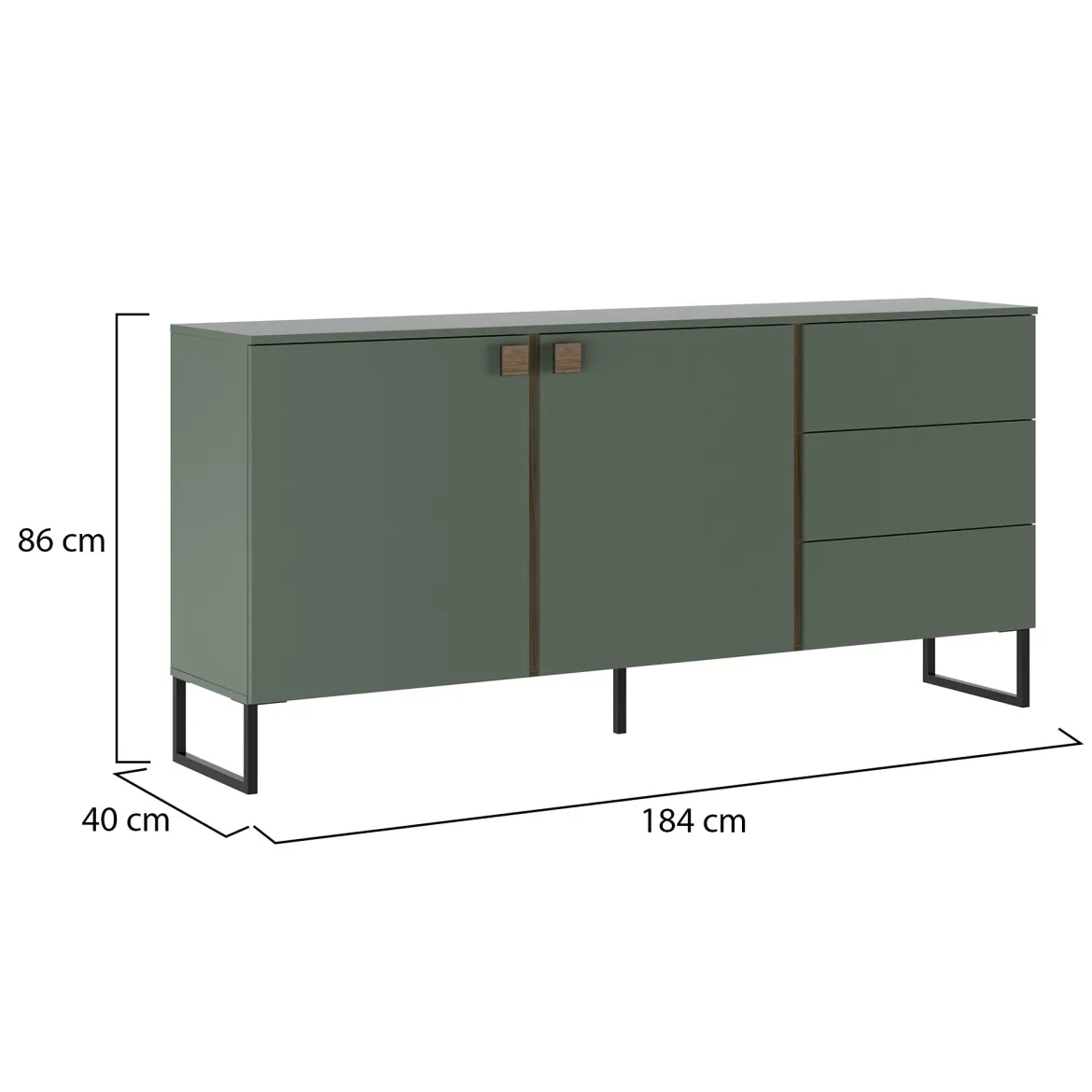 Credenza Verde Marrone Rovere 3 Ripiani 6 Vani 184x40x86h cm, 3 Ante - Carvico
