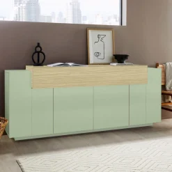Credenza Verde 3 Ripiani Apertura Battente, a Ribalta 200x45x85.5h cm, 5 Ante - Pulfero