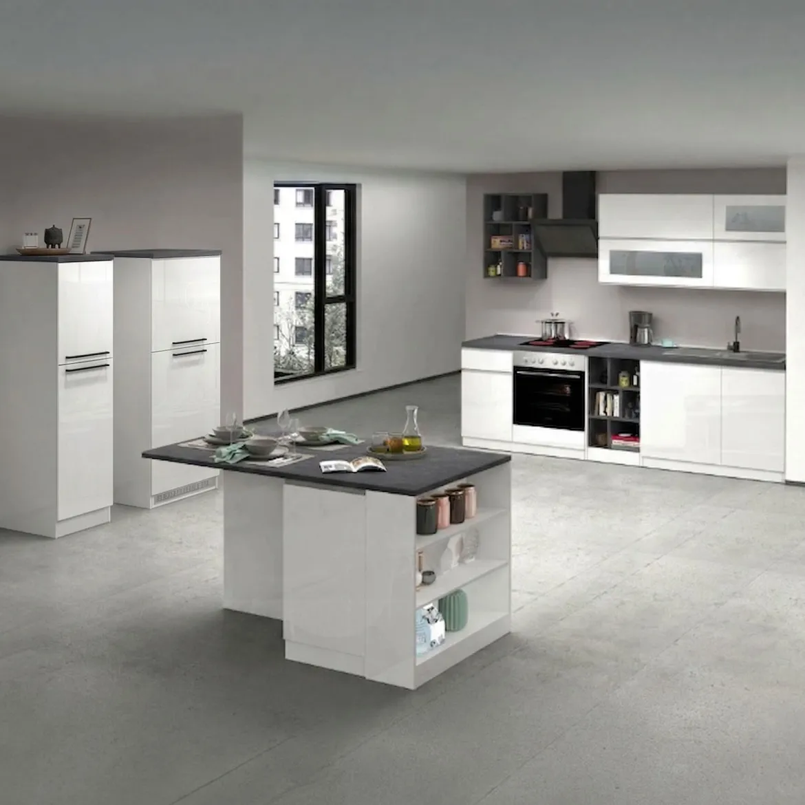 Cucina Bianco Lucido Grigio Ardesia 3 Cassetti 29 Ripiani, 12 Ante Made in Italy - Balme