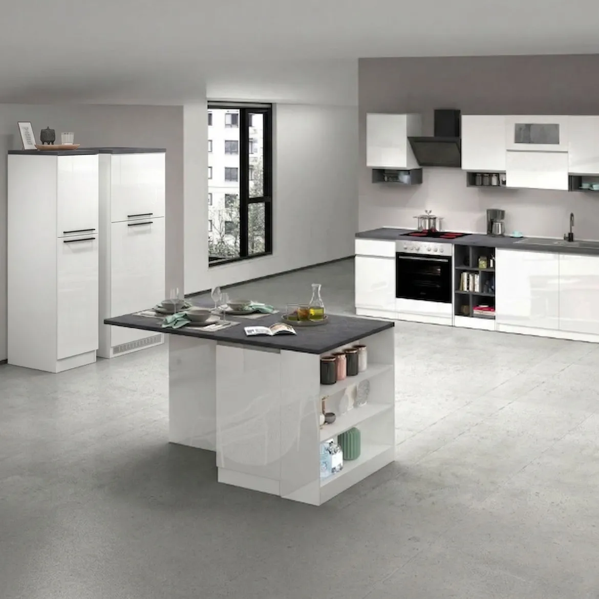 Cucina Bianco Lucido Grigio Ardesia un Cassetto 13 Ripiani, Modulabile Made in Italy - Fonti