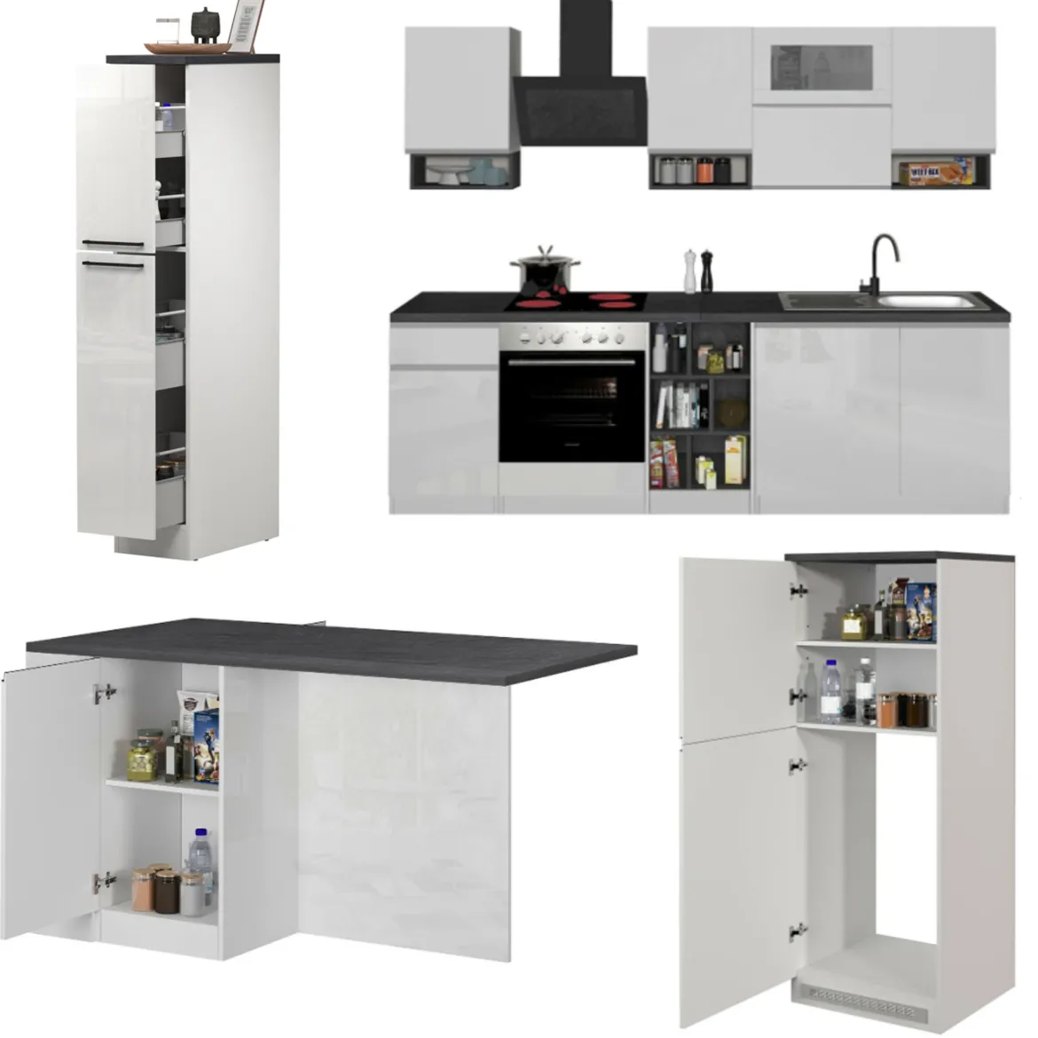Cucina Bianco Lucido Grigio Ardesia un Cassetto 13 Ripiani, Modulabile Made in Italy - Fonti