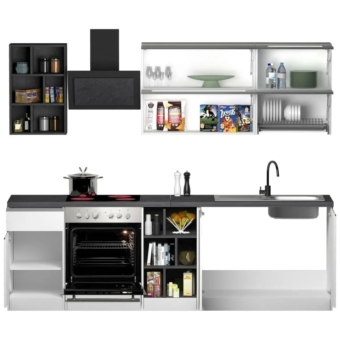 Cucina Bianco Lucido Grigio Ardesia un Cassetto 13 Ripiani, Modulabile Made in Italy - Fonti