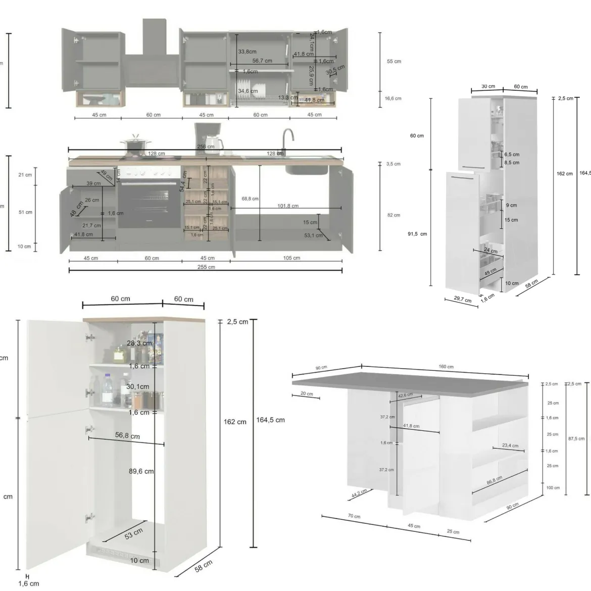 Cucina Bianco Lucido Grigio Ardesia un Cassetto 13 Ripiani, Modulabile Made in Italy - Fonti