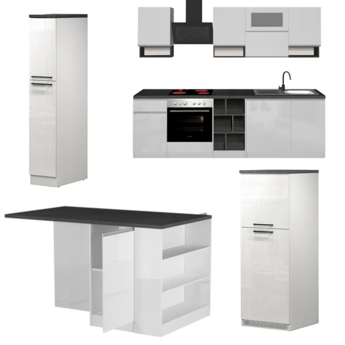 Cucina Bianco Lucido Grigio Ardesia un Cassetto 13 Ripiani, Modulabile Made in Italy - Fonti