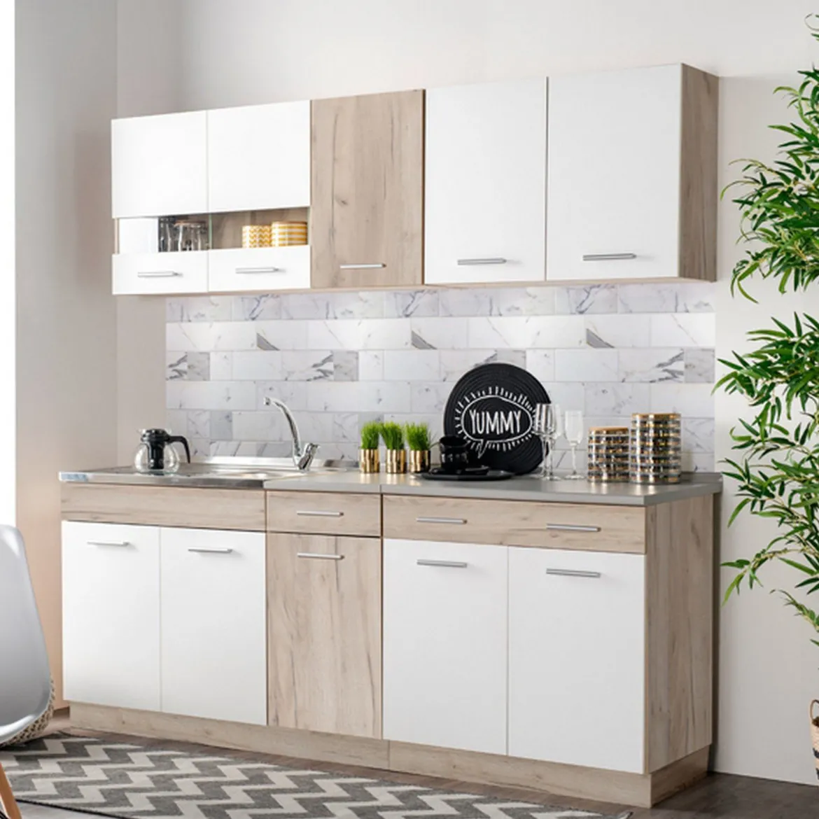 Cucina Bianco Marrone Rovere 2 Cassetti 5 Ripiani, 10 Ante - Bornago