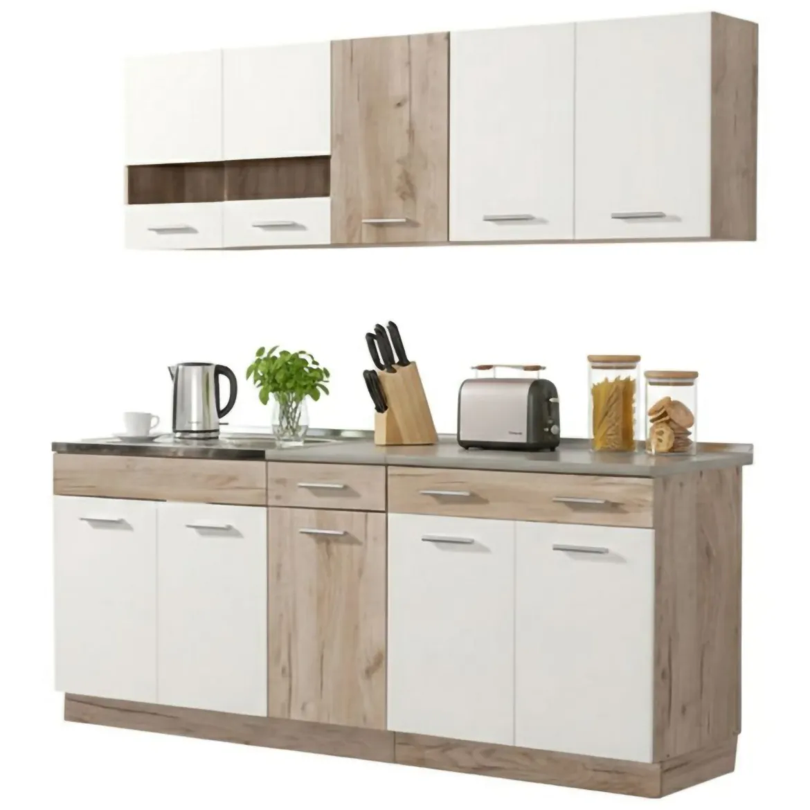 Cucina Bianco Marrone Rovere 2 Cassetti 5 Ripiani, 10 Ante - Bornago