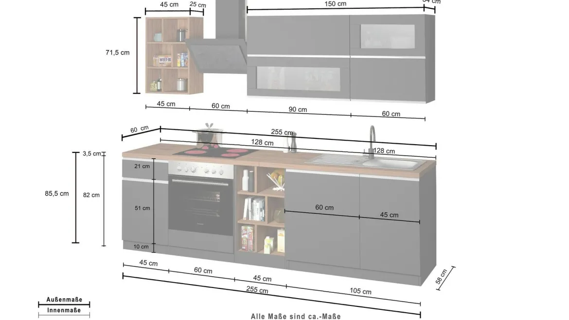 Cucina Grigio Ardesia Grigio Ardesia un Cassetto 13 Ripiani, Modulabile Made in Italy - Fonti