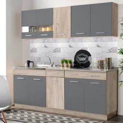 Cucina Nero Antracite Marrone Rovere 2 Cassetti 5 Ripiani, 10 Ante - Bornago