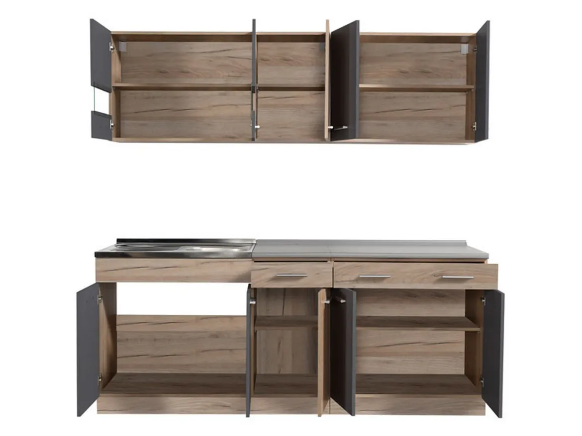Cucina Nero Antracite Marrone Rovere 2 Cassetti 5 Ripiani, 10 Ante - Bornago