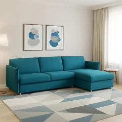 Divano Fisso con Penisola Azzurro Sfoderabile Reversibile 260x160 cm, Idrorepellente Multiposizione Made in Italy - Posina