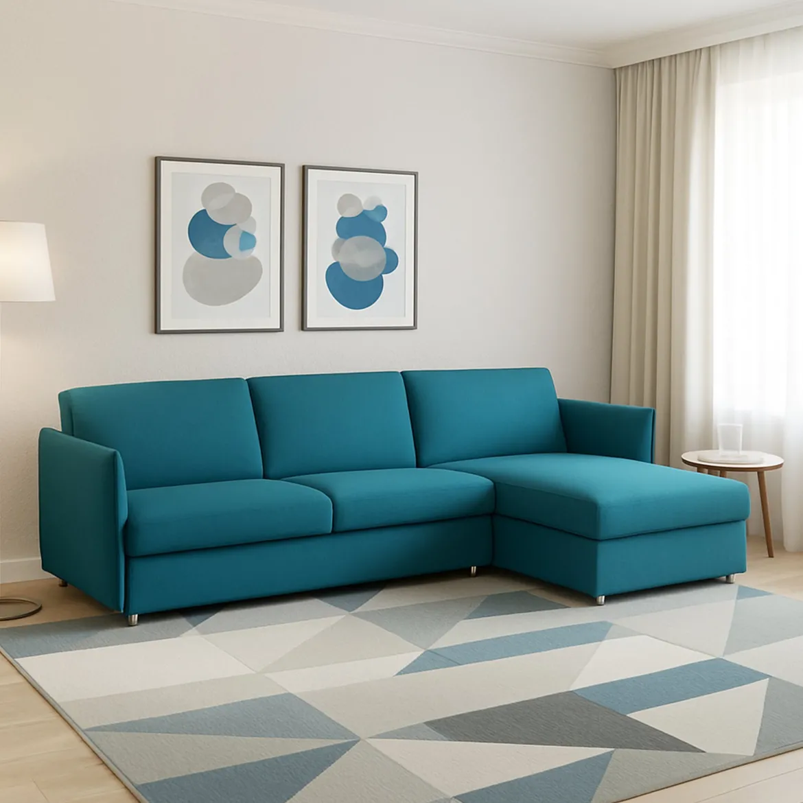 Divano Fisso con Penisola Azzurro Sfoderabile Reversibile 260x160 cm, Idrorepellente Multiposizione Made in Italy - Posina