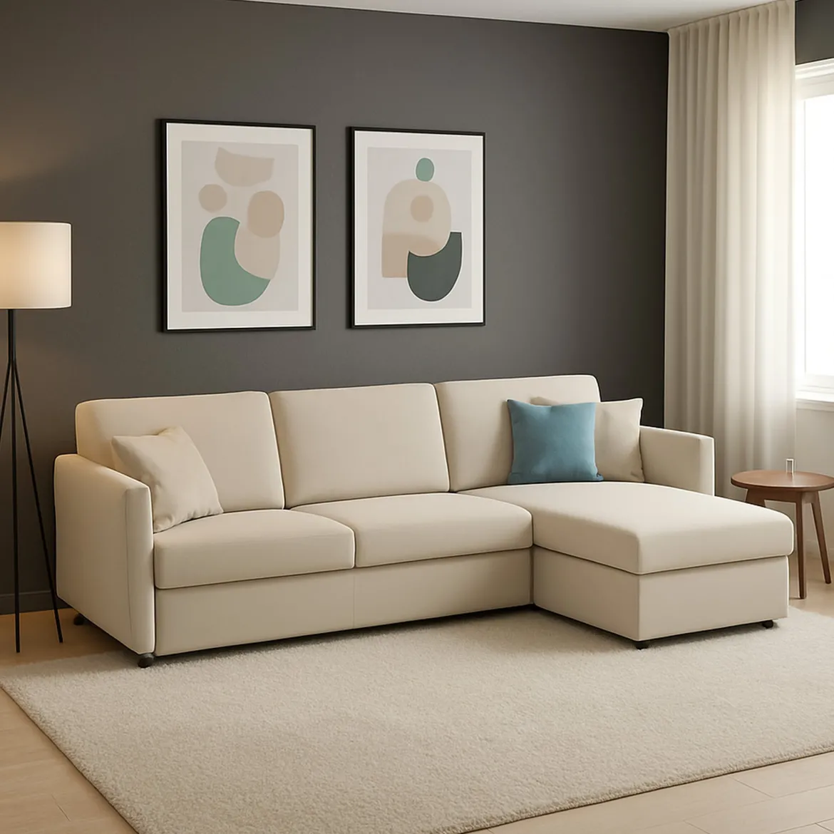 Divano Fisso con Penisola Beige Sfoderabile Reversibile 260x160 cm, Idrorepellente Multiposizione Made in Italy - Posina