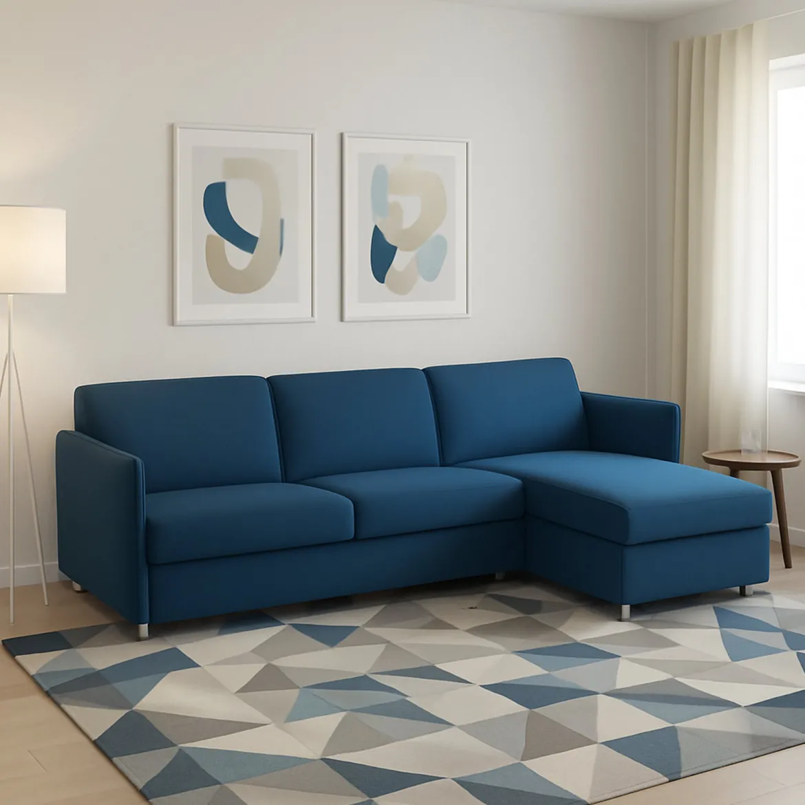 Divano Fisso con Penisola blu Sfoderabile Reversibile 260x160 cm, Idrorepellente Multiposizione Made in Italy - Posina