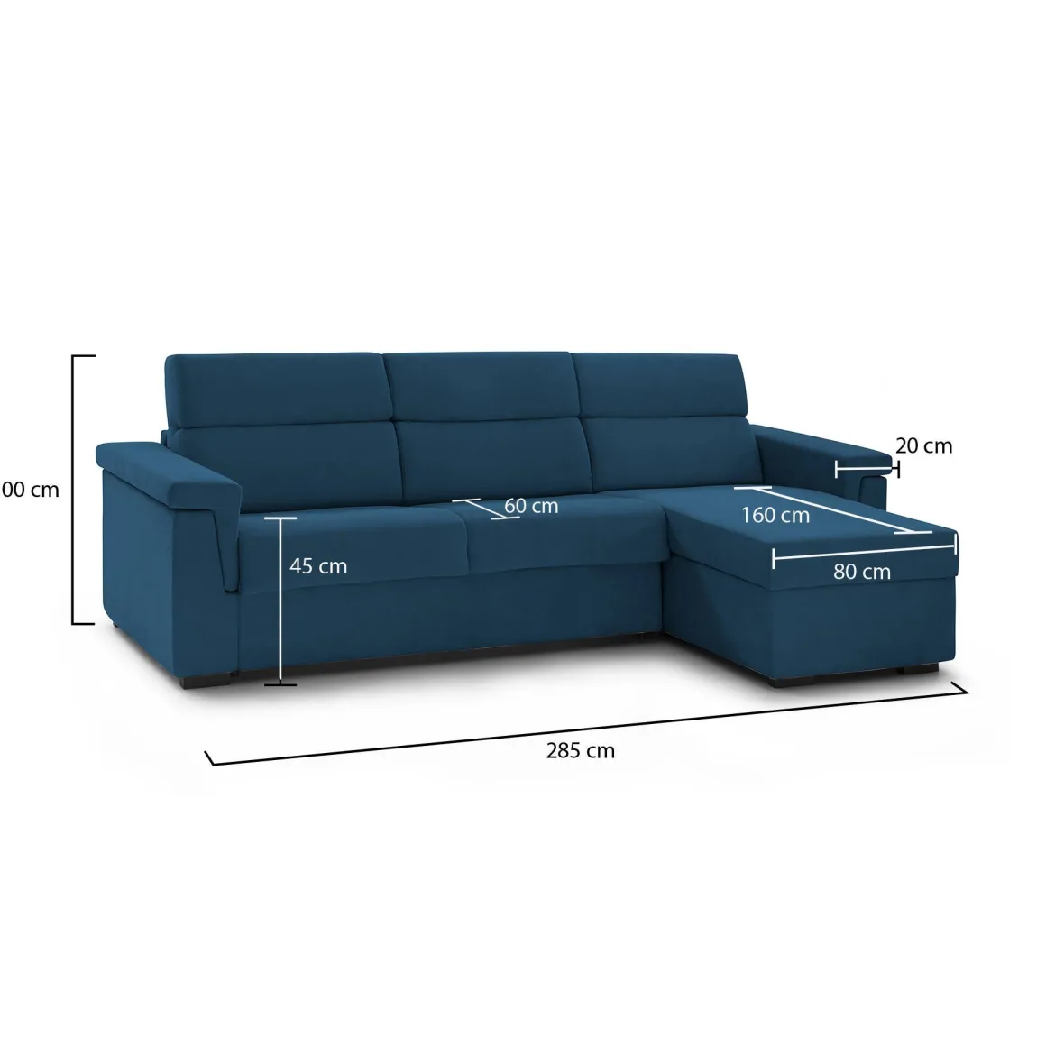 Divano Fisso con Penisola blu Sfoderabile Reversibile 285x160 cm, Idrorepellente Multiposizione Made in Italy - Cintano