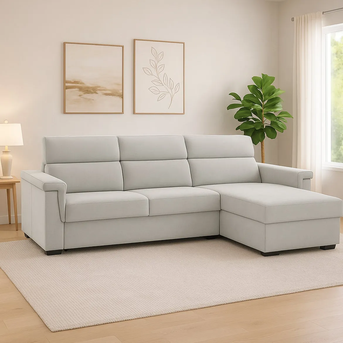 Divano Fisso con Penisola Grigio Chiaro Sfoderabile Idrorepellente 285x160 cm, Lavabile Made in Italy - Cintano