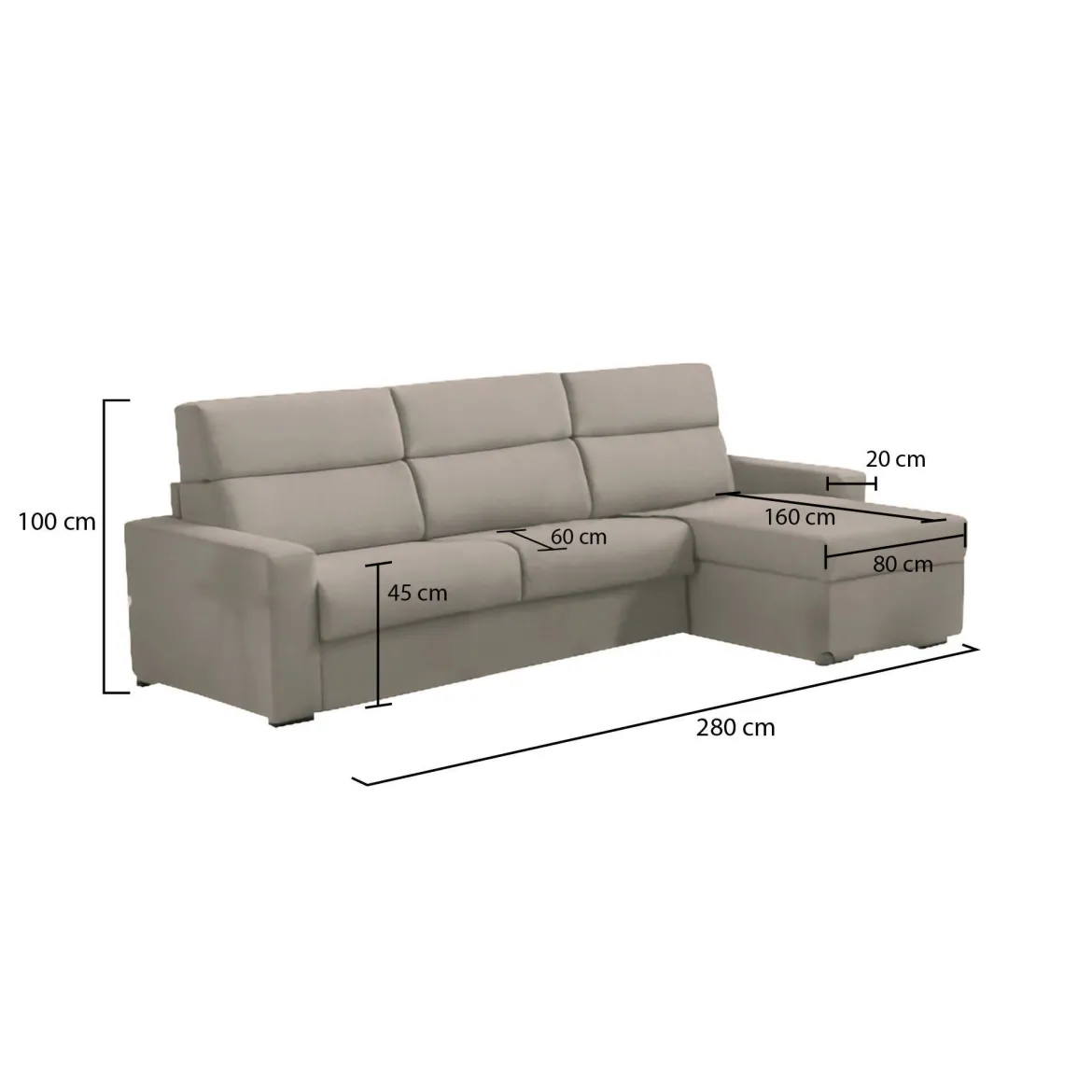 Divano Fisso con Penisola Grigio Tortora Sfoderabile Reversibile 285x160 cm, Idrorepellente Multiposizione Made in Italy - Ceto