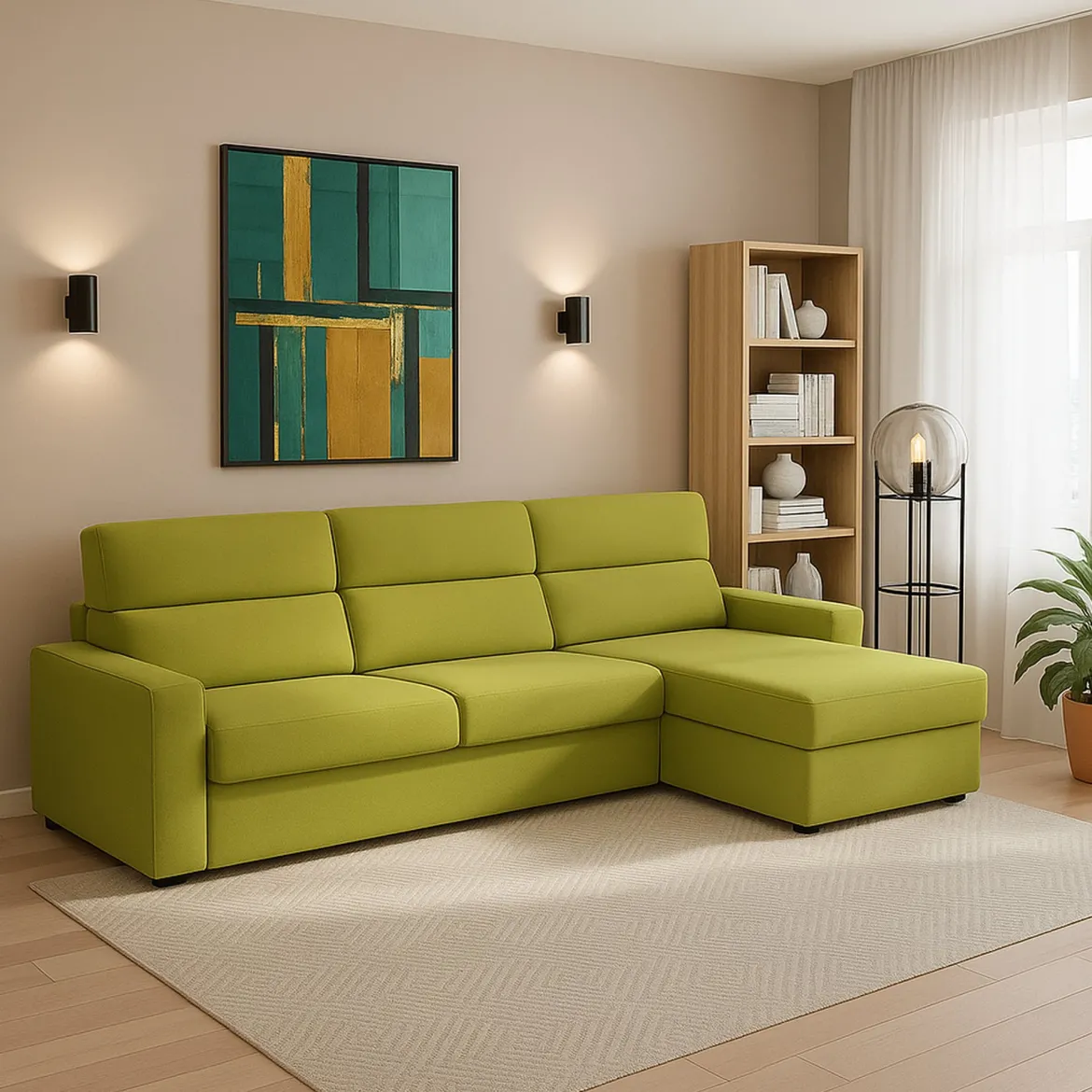 Divano Fisso con Penisola Verde Sfoderabile Reversibile 280x160 cm, Idrorepellente Multiposizione Made in Italy - Vigonovo