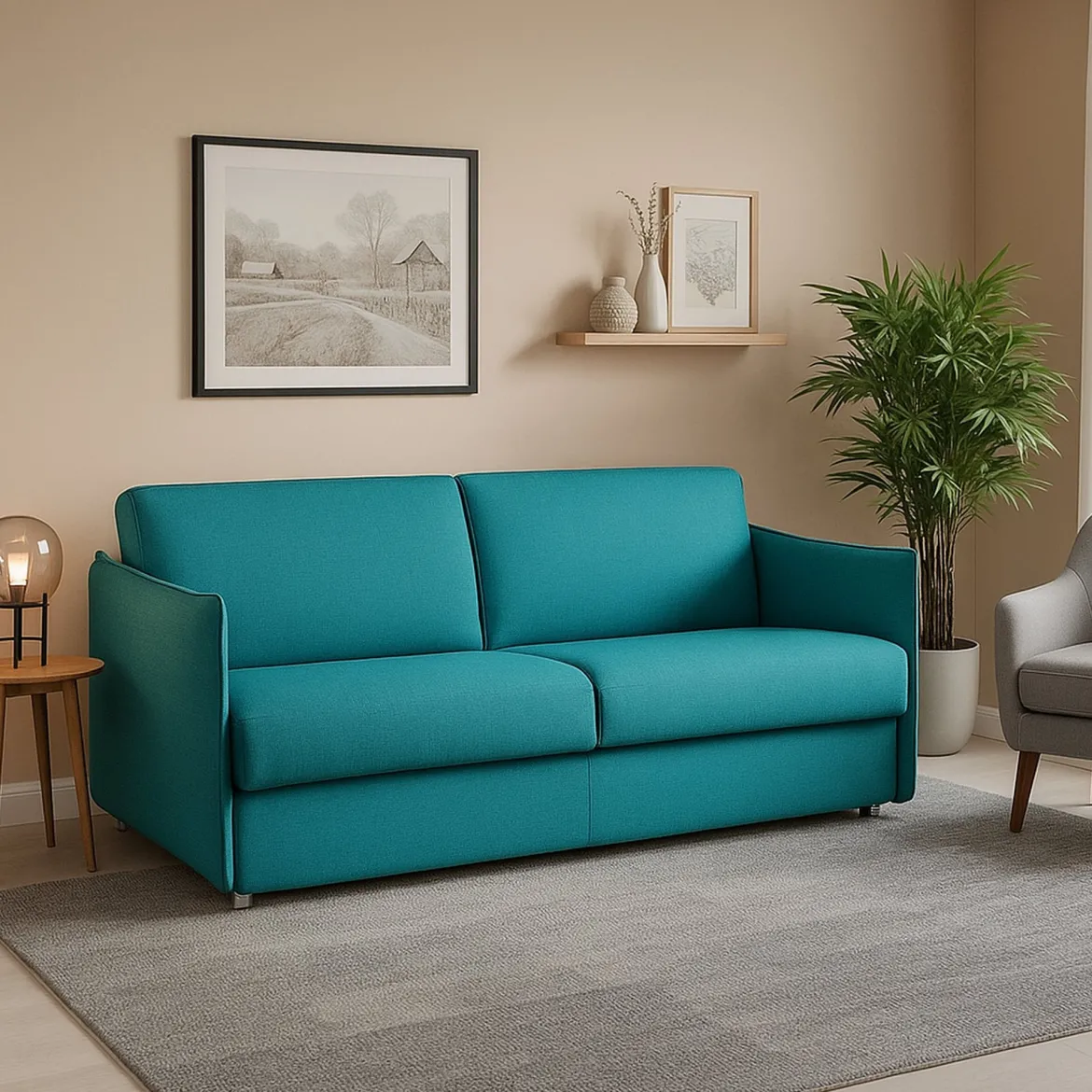 Divano Fisso 3 Posti Azzurro Sfoderabile Lavabile 200x95 cm, Braccioli Made in Italy - Severo