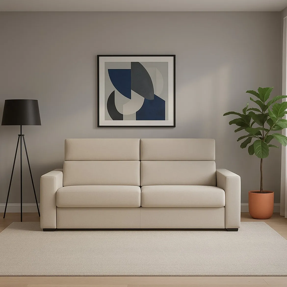 Divano Fisso 3 Posti Beige Sfoderabile Lavabile 225x95 cm, Braccioli Made in Italy - Cantu