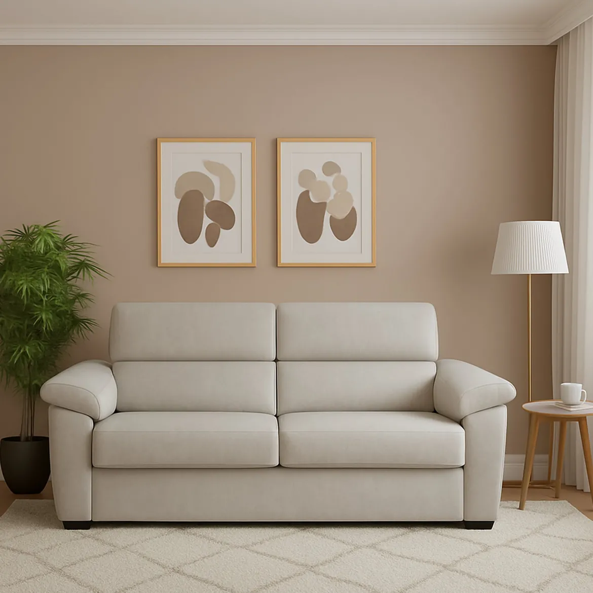 Divano Fisso 3 Posti Beige Sfoderabile Lavabile 225x95 cm, Braccioli Made in Italy - Giffone