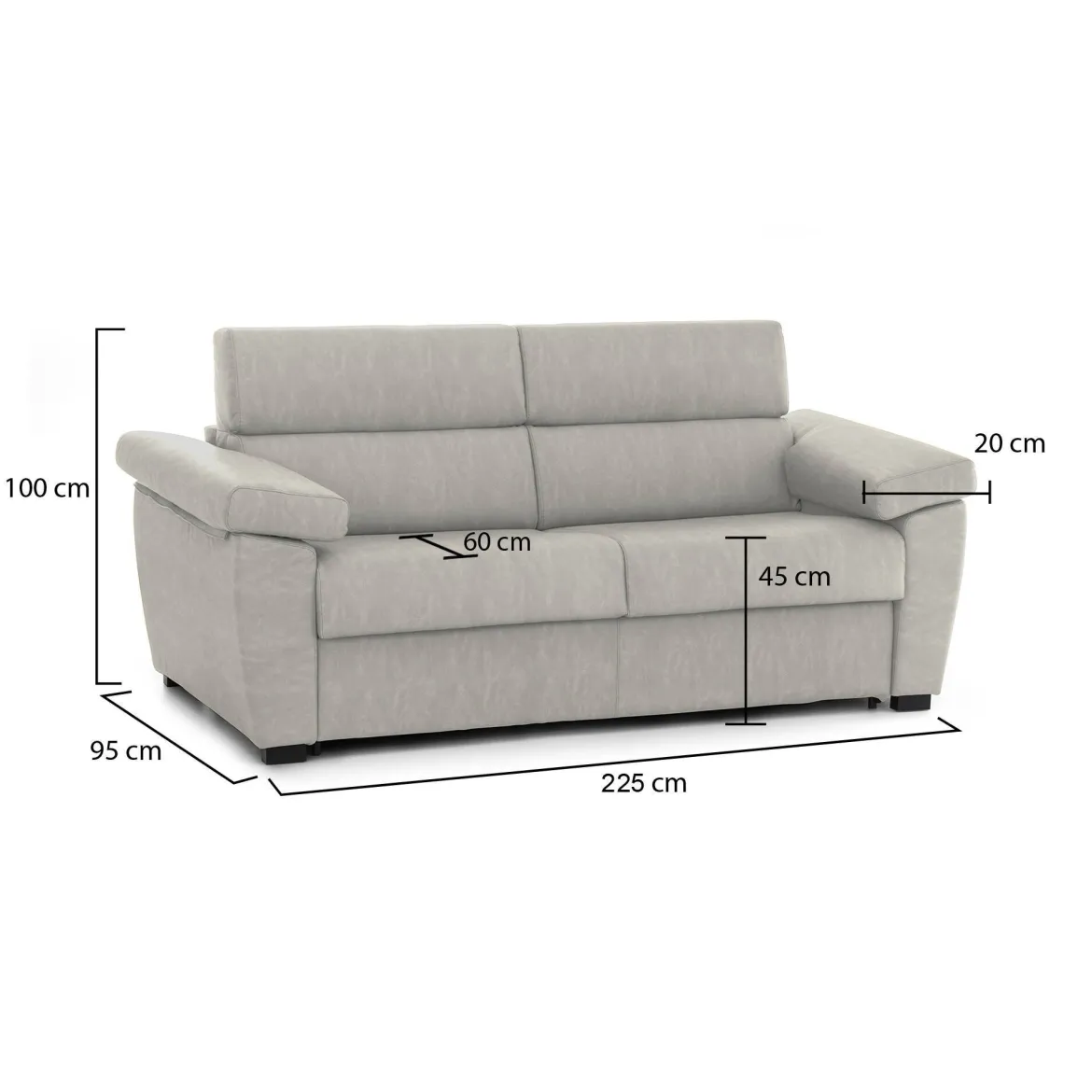 Divano Fisso 3 Posti Beige Sfoderabile Lavabile 225x95 cm, Braccioli Made in Italy - Giffone