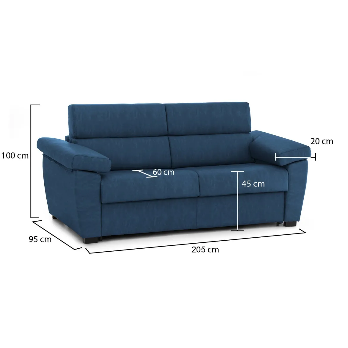 Divano Fisso 2 Posti blu Sfoderabile Idrorepellente 205x95x100h cm, Lavabile Made in Italy - Gorreto
