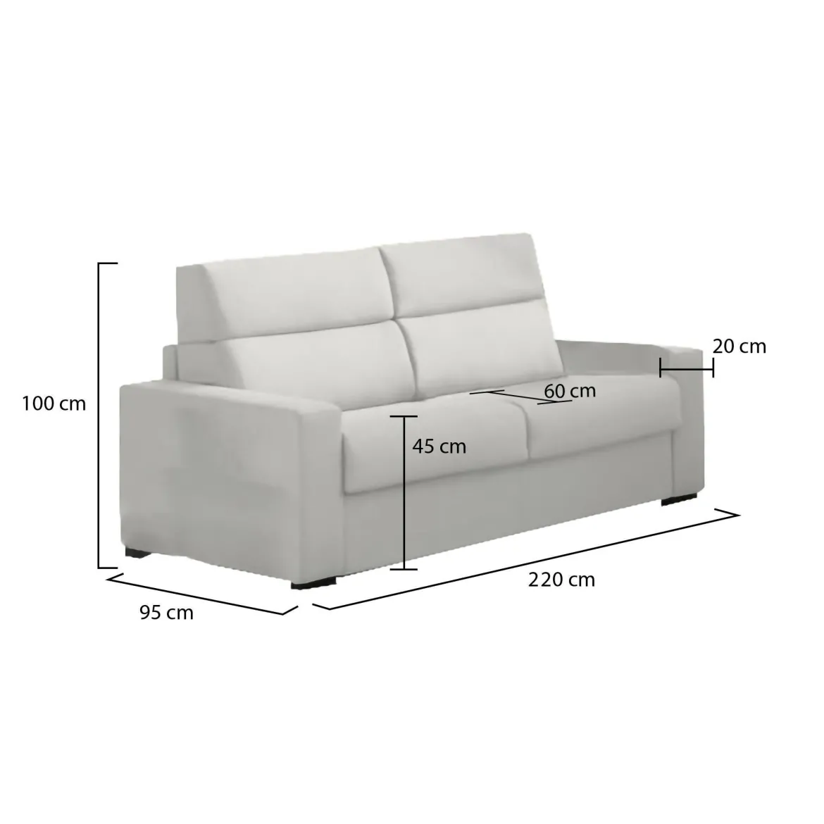 Divano Fisso 3 Posti Grigio Chiaro Sfoderabile Lavabile 225x95 cm, Braccioli Made in Italy - Cantu