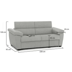 Divano Fisso 3 Posti Grigio Chiaro Sfoderabile Lavabile 225x95 cm, Braccioli Made in Italy - Giffone