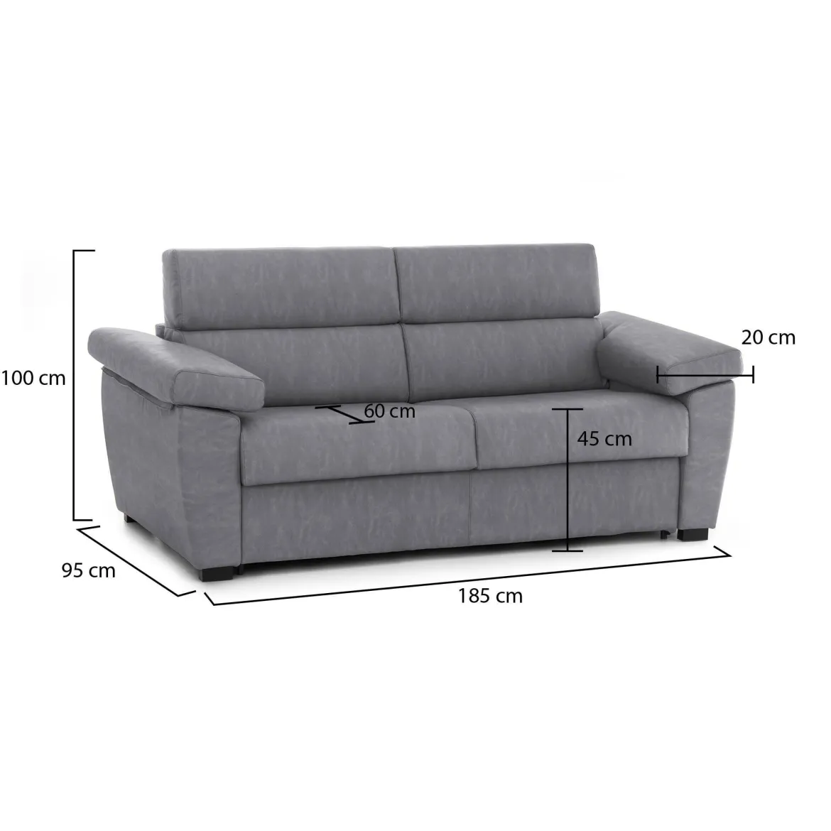 Divano Fisso 2 Posti Grigio Sfoderabile Idrorepellente 185x95x100h cm, Lavabile Made in Italy - Pisogne