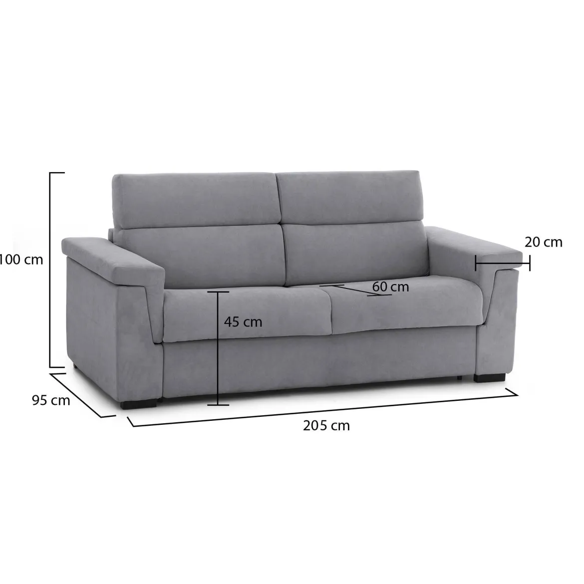 Divano Fisso 2 Posti Grigio Sfoderabile Idrorepellente 205x95x100h cm, Lavabile Made in Italy - Gorreto
