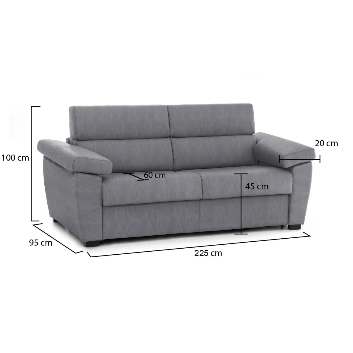 Divano Fisso 3 Posti Grigio Sfoderabile Lavabile 225x95 cm, Braccioli Made in Italy - Giffone
