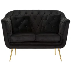 Divano Fisso 2 Posti Nero oro Effetto Velluto Trapuntato Braccioli 130x83x91h cm, Cuscini Inclusi - Diskit