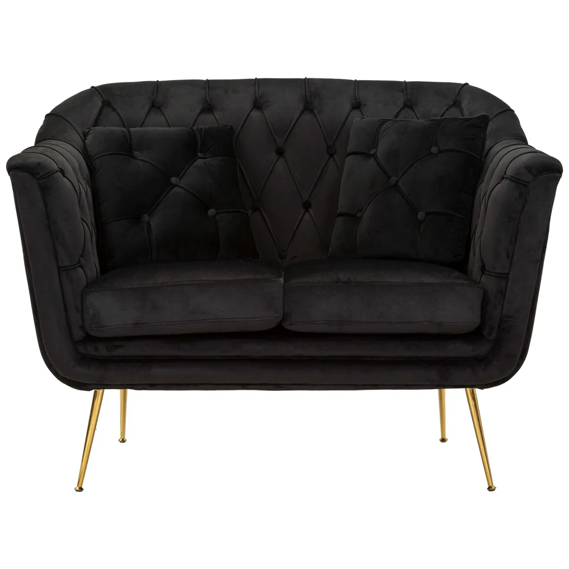 Divano Fisso 2 Posti Nero oro Effetto Velluto Trapuntato Braccioli 130x83x91h cm, Cuscini Inclusi - Diskit