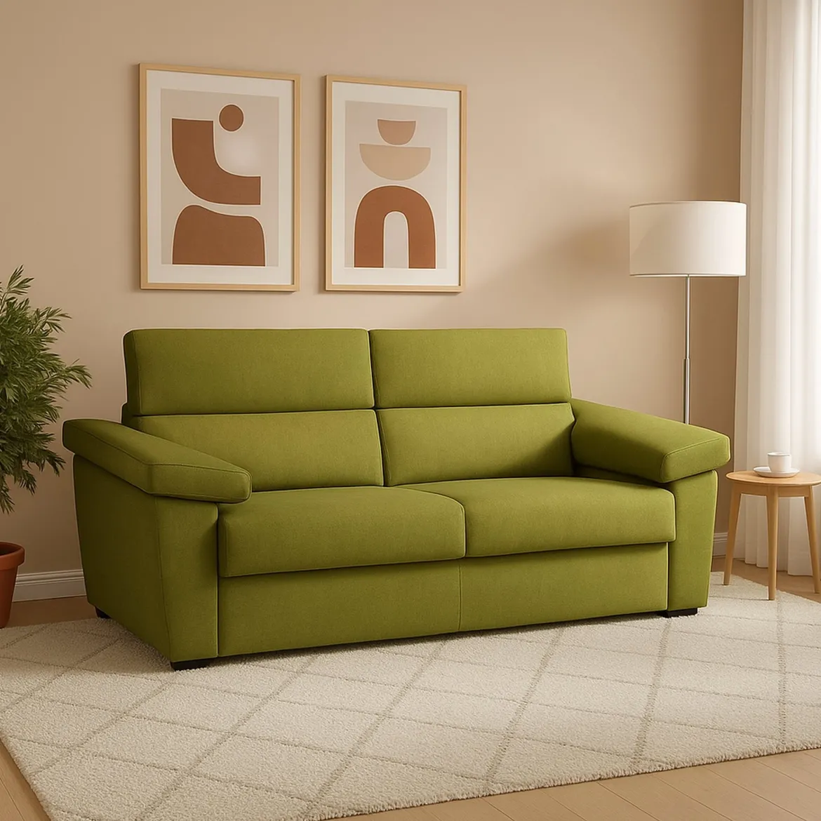 Divano Fisso 3 Posti Verde Sfoderabile Lavabile 225x95 cm, Braccioli Made in Italy - Giffone