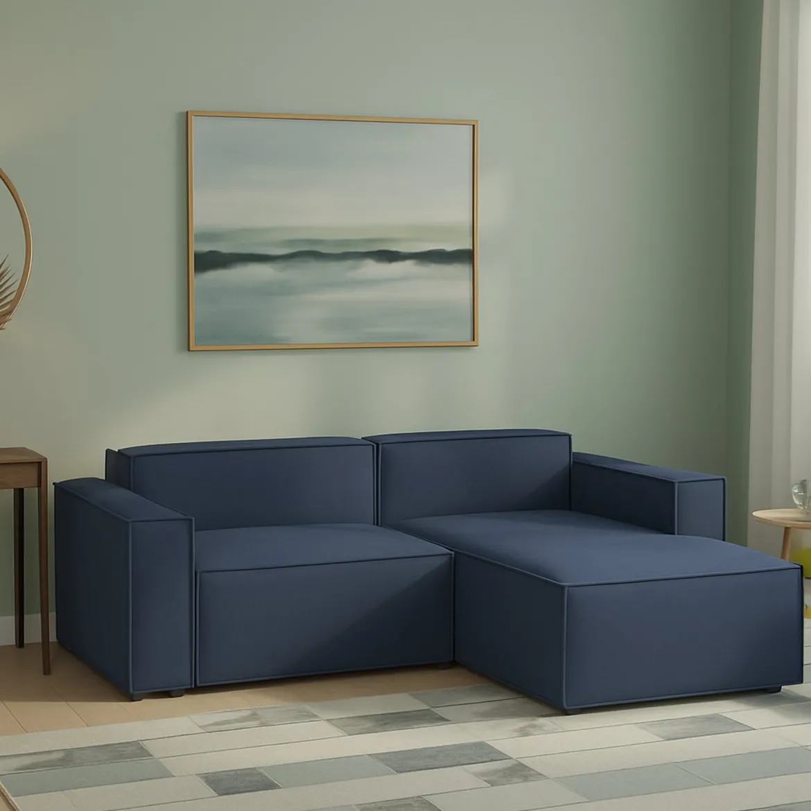 Divano in legno e ferro rivestito in tessuto blu 240x170x70h cm - Ameli