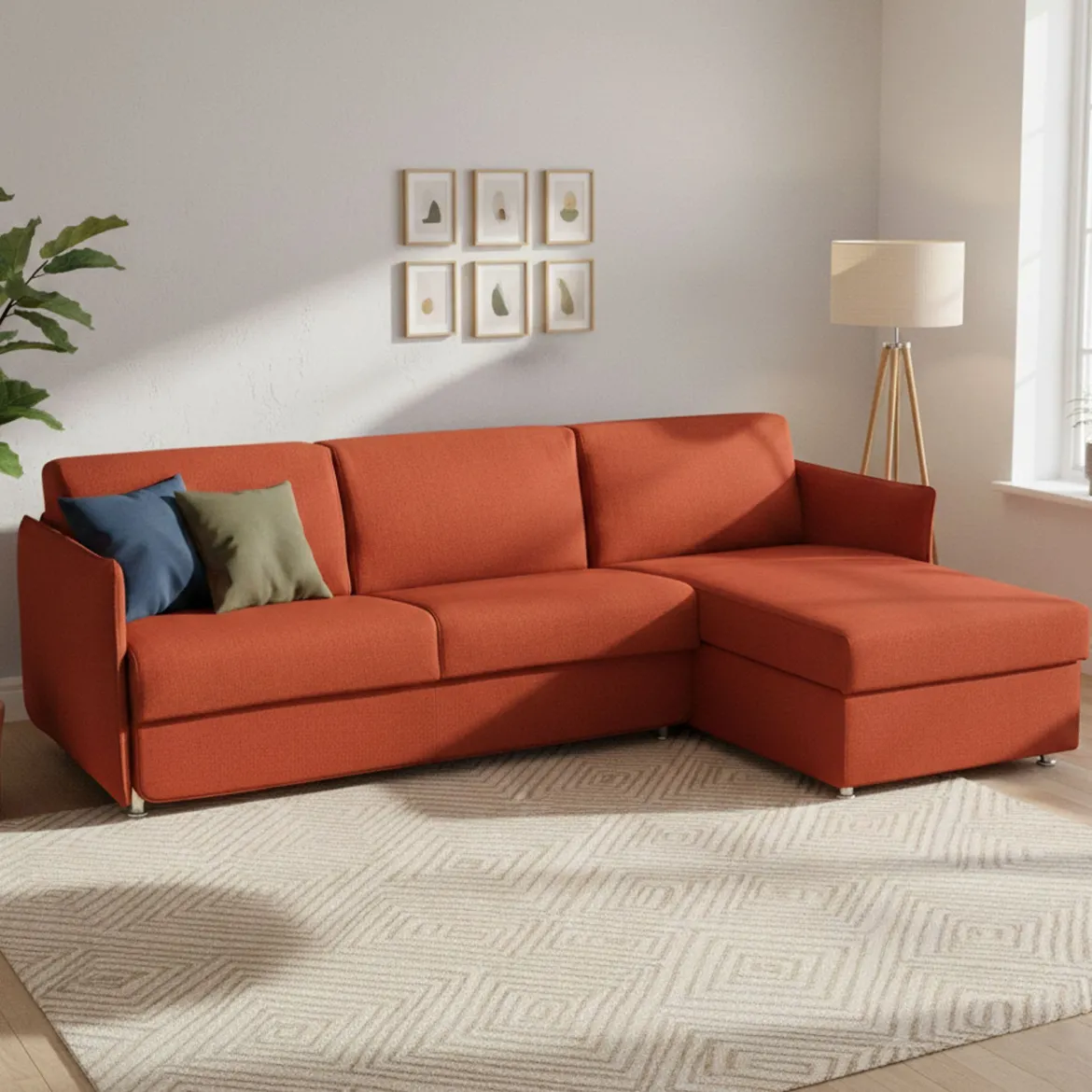 Divano Letto con Penisola Arancione Sfoderabile Contenitore 260x160 cm, Idrorepellente Multiposizione Trasformabile in Letto Made in Italy - Sumirago