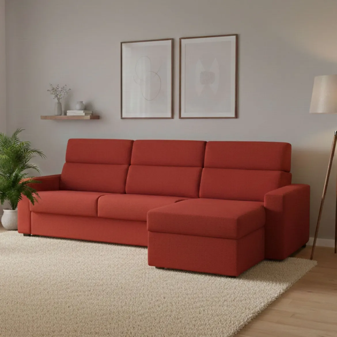 Divano Letto con Penisola Arancione Sfoderabile Contenitore 280x160 cm, Idrorepellente Multiposizione Trasformabile in Letto Made in Italy - Pusiano