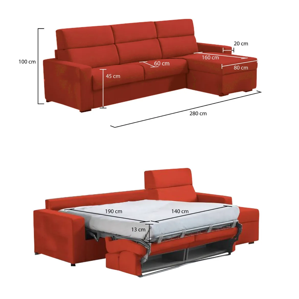 Divano Letto con Penisola Arancione Sfoderabile Contenitore 280x160 cm, Idrorepellente Multiposizione Trasformabile in Letto Made in Italy - Pusiano