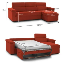 Divano Letto con Penisola Arancione Sfoderabile Contenitore 285x160 cm, Idrorepellente Multiposizione Trasformabile in Letto Made in Italy - Tolle