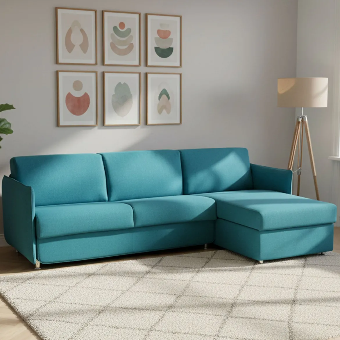 Divano Letto con Penisola Azzurro Sfoderabile Contenitore 260x160 cm, Idrorepellente Multiposizione Trasformabile in Letto Made in Italy - Sumirago