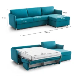 Divano Letto con Penisola Azzurro Sfoderabile Contenitore 260x160 cm, Idrorepellente Multiposizione Trasformabile in Letto Made in Italy - Sumirago