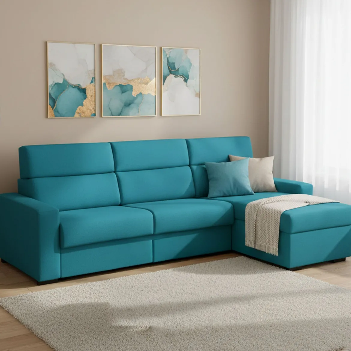 Divano Letto con Penisola Azzurro Sfoderabile Contenitore 280x160 cm, Idrorepellente Multiposizione Trasformabile in Letto Made in Italy - Pusiano