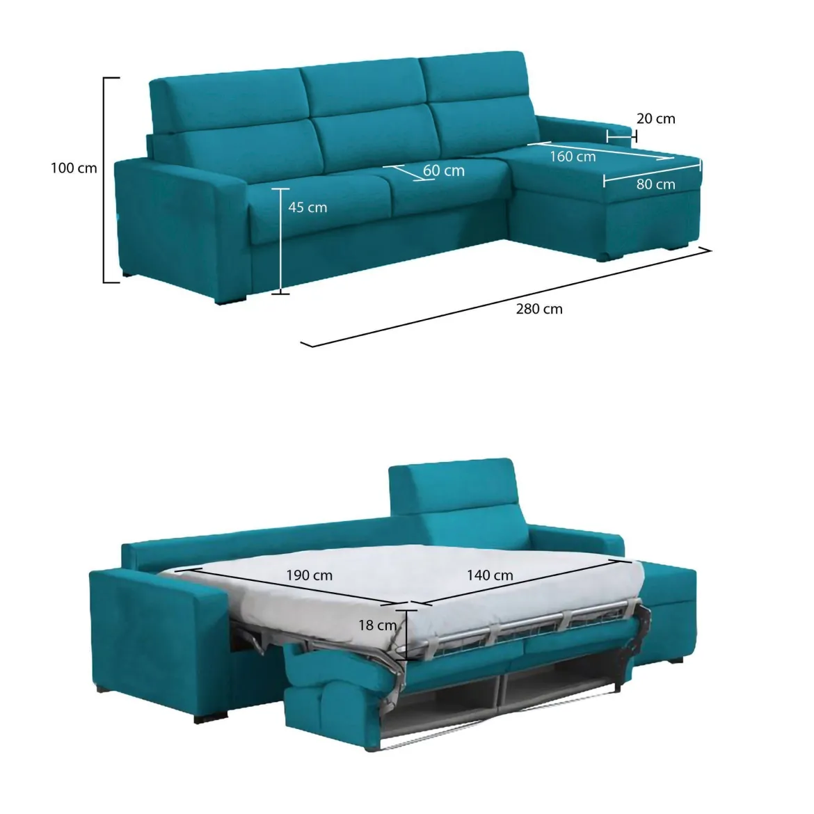 Divano Letto con Penisola Azzurro Sfoderabile Contenitore 280x160 cm, Idrorepellente Multiposizione Trasformabile in Letto Made in Italy - Pusiano